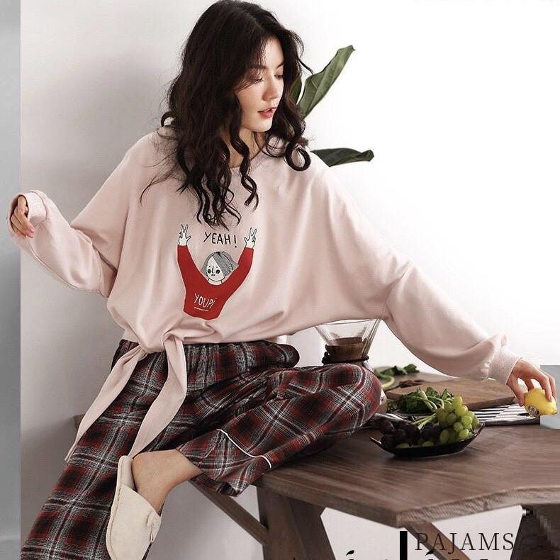 Bộ mặc nhà nữ dài tay vải thun cotton cột nơ quần kẻ