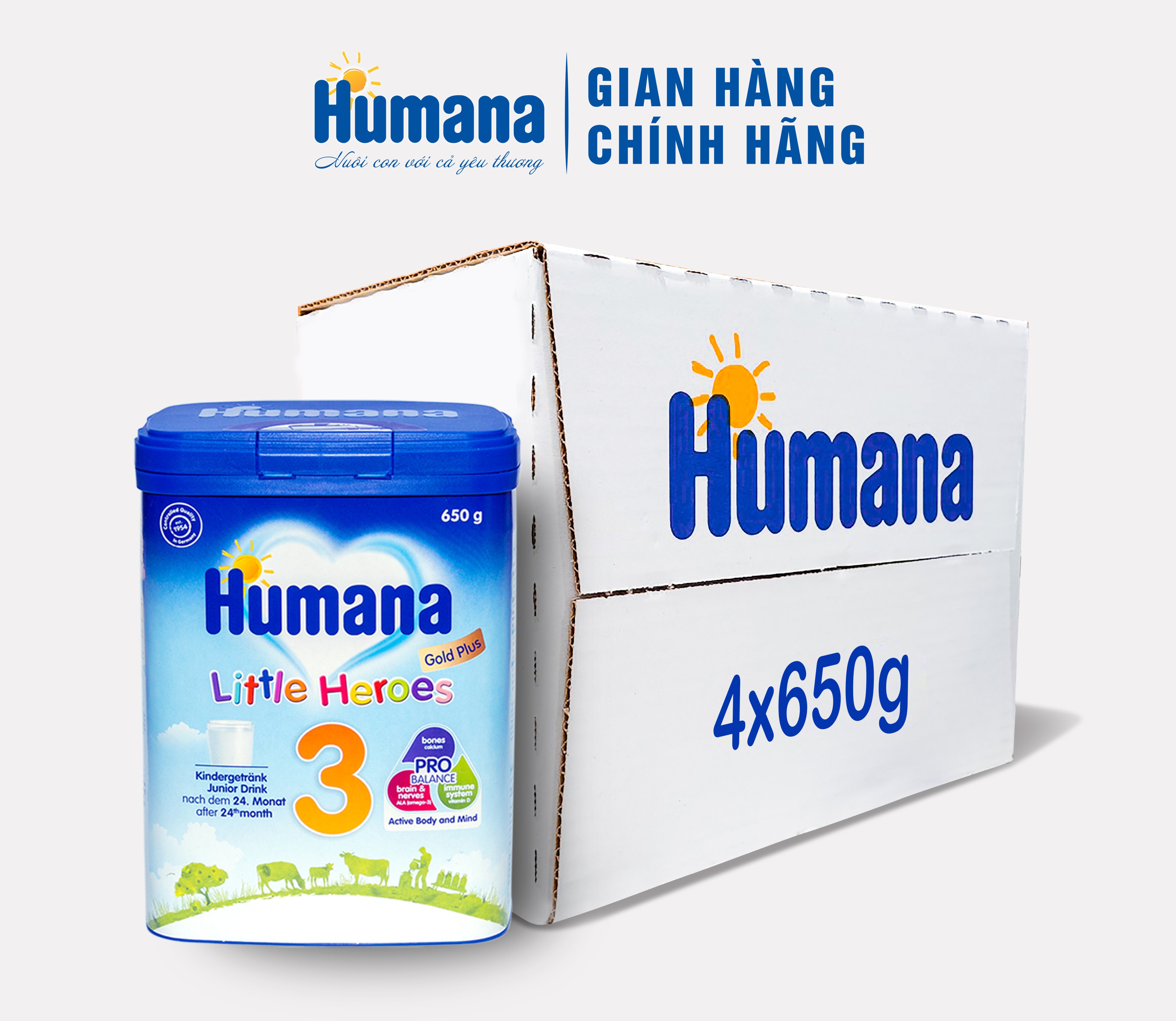 (Combo 4 Hộp) Sữa Bột Công Thức Dành Cho Trẻ Từ 24 Tháng Tuổi Trở Lên Humana Gold Plus 3 (650g) - Nhập Khẩu Từ Đức (01/03/2024)