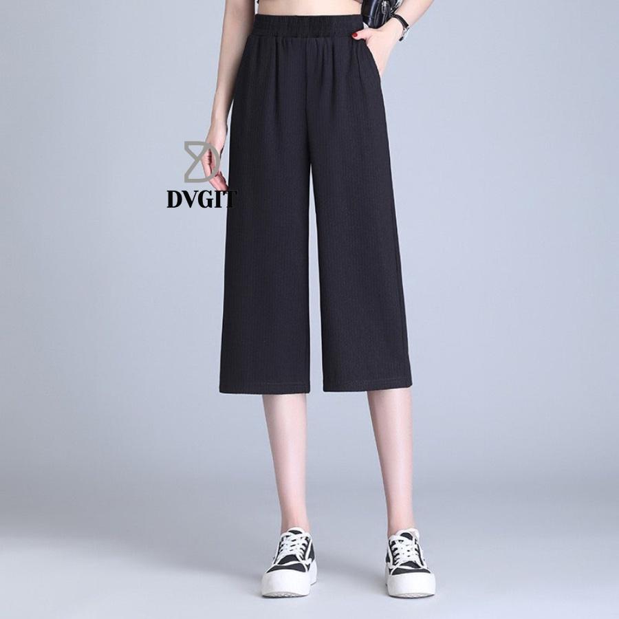 Quần Ống Rộng Nữ DVGIT Dáng Lửng Chất Liệu Thun Tăm Lạnh Màu Đen Mát Mịn Phù Hợp Đi Chơi Dạo Phồ Thời Trang Hàn Quốc - Màu đen