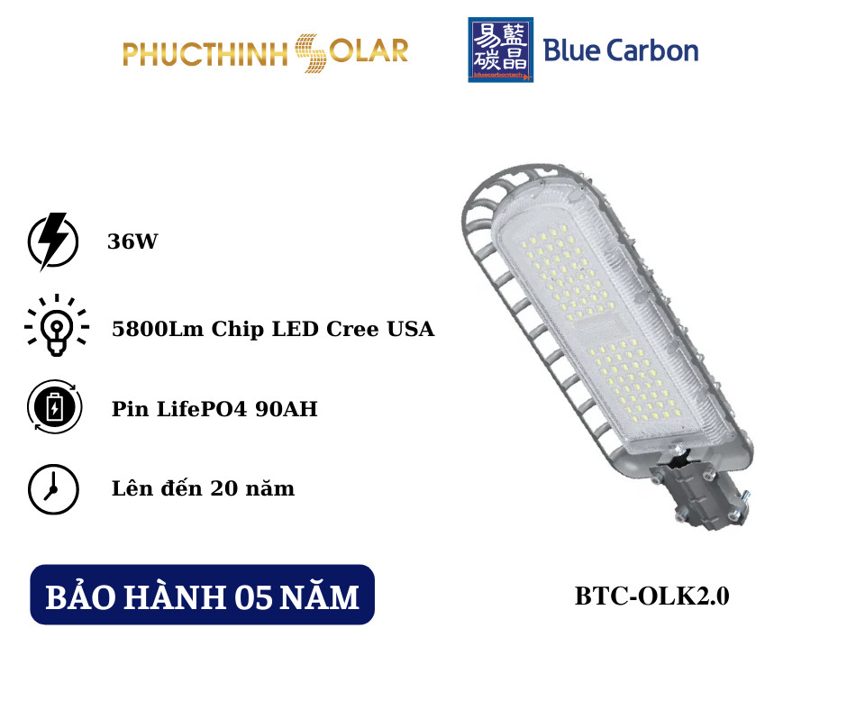 Đèn Đường Năng Lượng Mặt Trời 36W Blue Carbon BCT-OLK2.0 Cảm Biến Ánh Sáng Có Remote Chống Nước IP66 Phúc Thịnh Solar