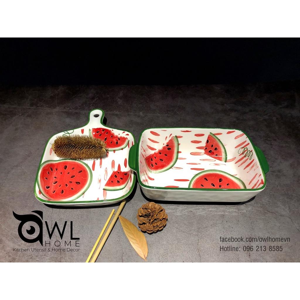 Thố chữ nhật họa tiết trái cây banana/water melon ceramic