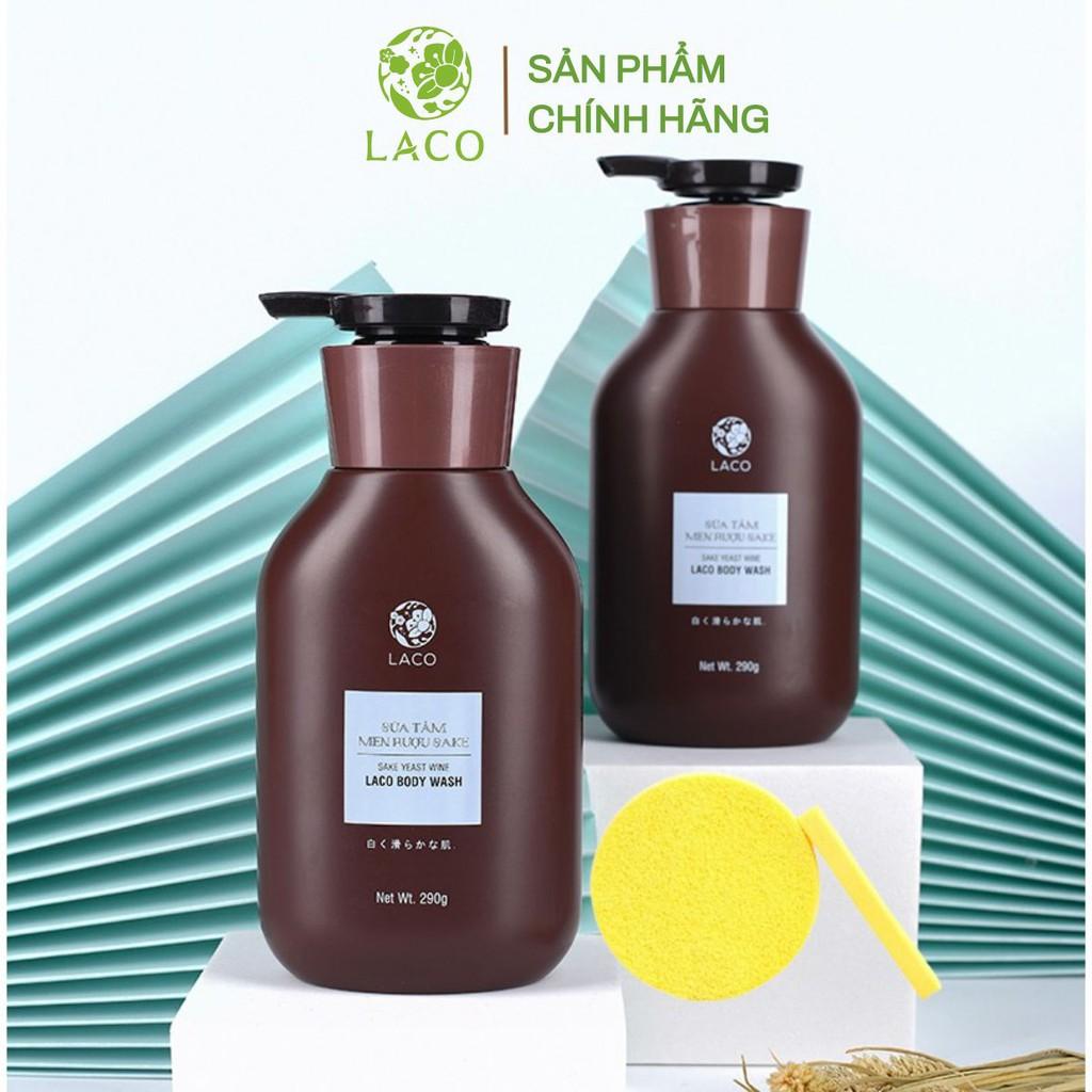 Combo Sữa tắm trắng da men ruou SAKE 300ml + 12pcs bông nở rửa mặt LACO cho làn da trắng sáng mịn màng