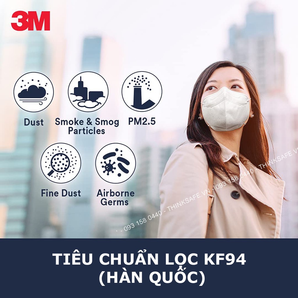 Khẩu trang phòng dịch 3M 9013 kháng khuẩn và chống bụi mịn đạt chuẩn KF94 tương đương với khẩu trang N95, chuyên dùng cho chống lây nhiễm, thiết kế không đau tai