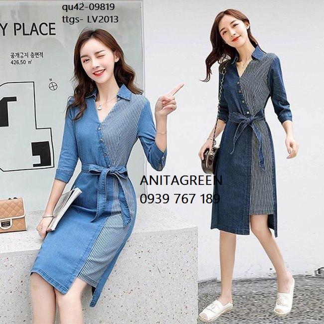 LV2013_09819 Đầm denim phối sọc