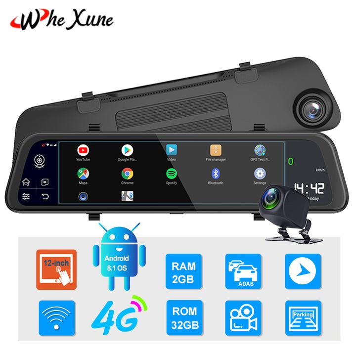 Camera hành trình gương ô tô cao cấp WHEXUNE D50 màn hình 12 inch, 4G, Wifi, GPS -Hàng Chính Hãng