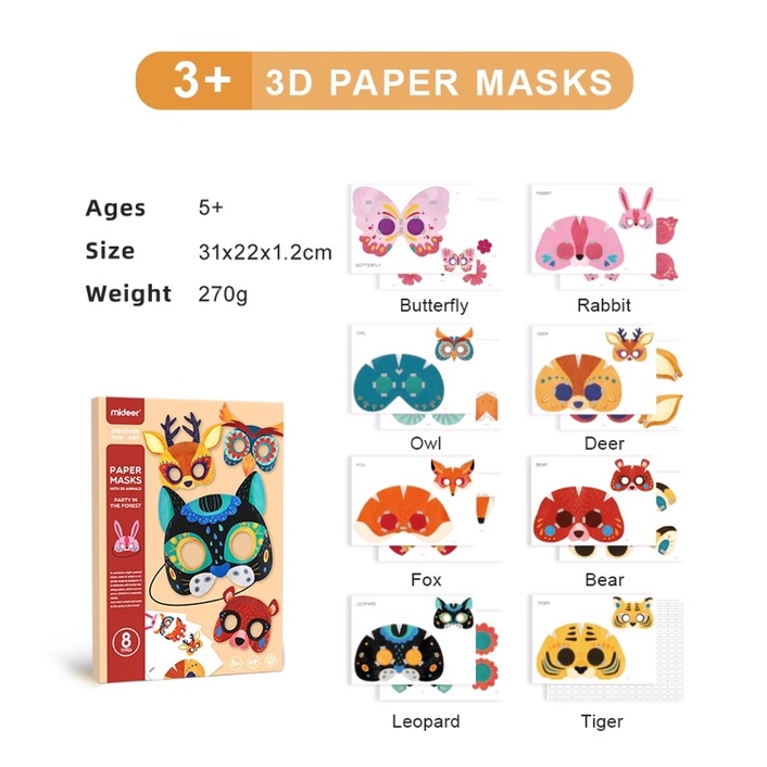 Đồ Chơi Stem Mặt Nạ Giấy Hình Động Vật 3D Animal Paper Masks Mideer, Đồ Chơi Giáo Dục Cho Bé