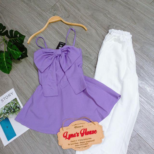 Set Bộ Áo 2 Dây Màu Tím Hottrend Phối Nơ Và Quần Trắng Siêu Yêu LH83