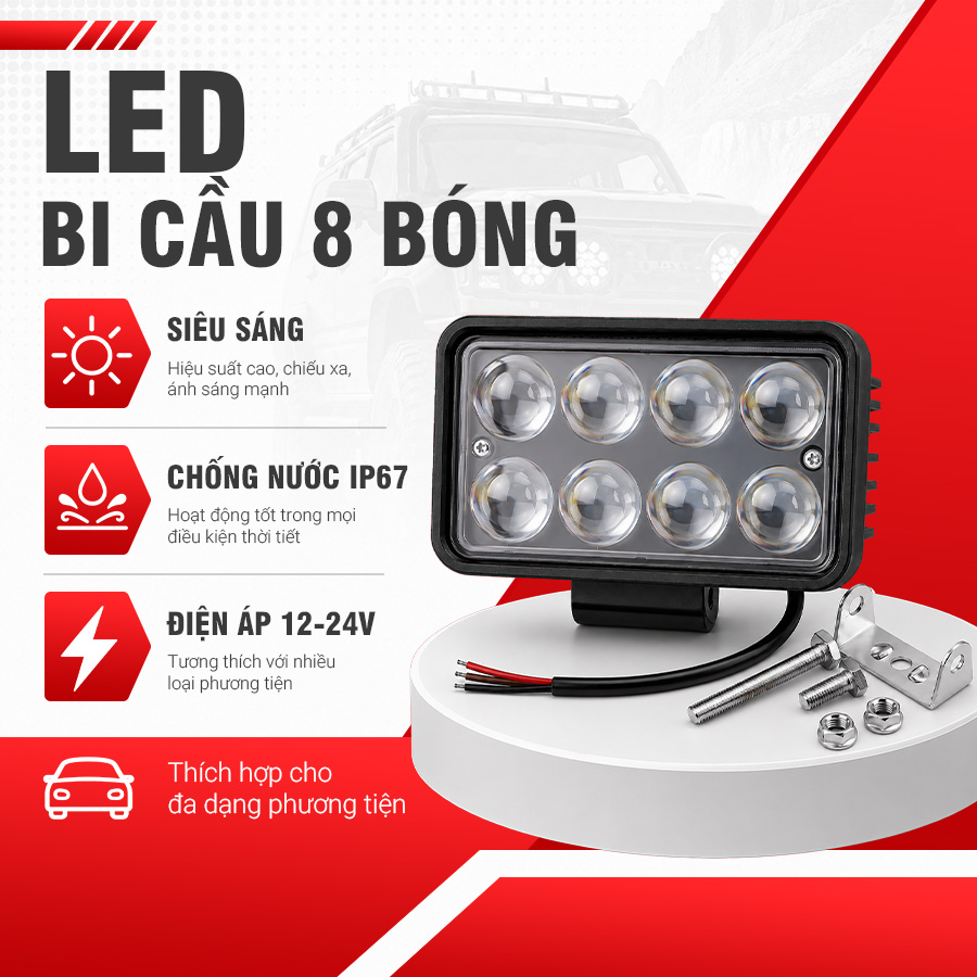 Đèn LED Trợ Sáng Bảng Chữ Nhật Viair 8 Bóng Bi Trắng 12-30V (91*152mm)