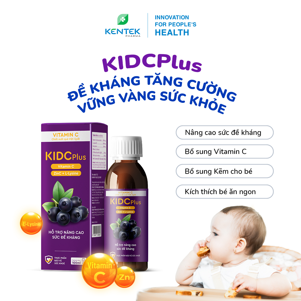 Siro bổ sung vitamin C &amp; kẽm tăng đề kháng dành cho trẻ em KIDCPlus | Kentek Pharma | Chai 100ml