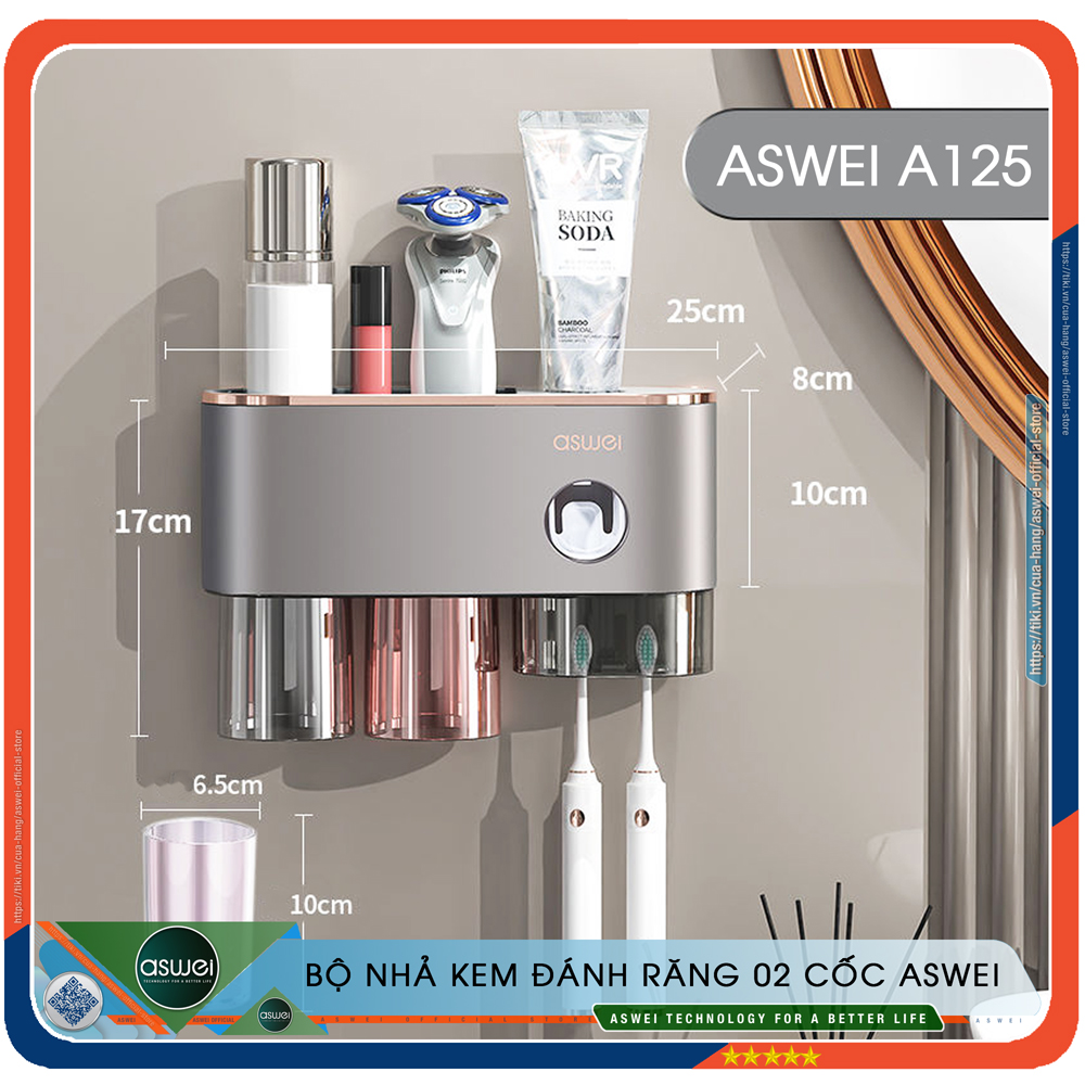 Kệ Nhà Tắm ASWEI A215YSJ, A216YSJ, A217YSJ - Chất Liệu ABS, PET, PS, Thép Không Gỉ 430 - Kệ Để Đồ Nhà Tắm Dán Tường Tích Hợp Bộ Nhả Kem Đánh Răng, Giá Treo Bàn Chải Đánh Răng Kèm Cốc - Hàng Chính Hãng