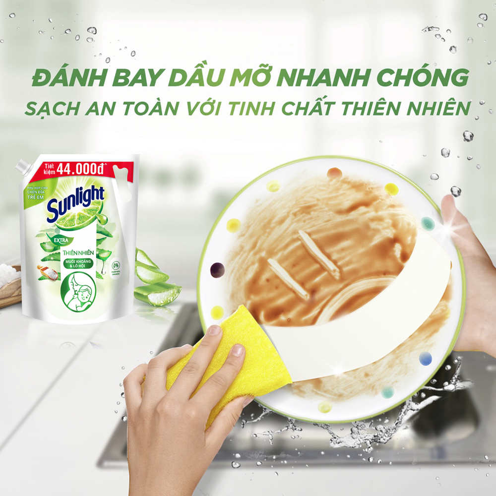 Nước rửa chén Sunlight Bio-care Thiên Nhiên 100% Gốc thực vật - Muối Khoáng Lô Hội Túi 3.3KG