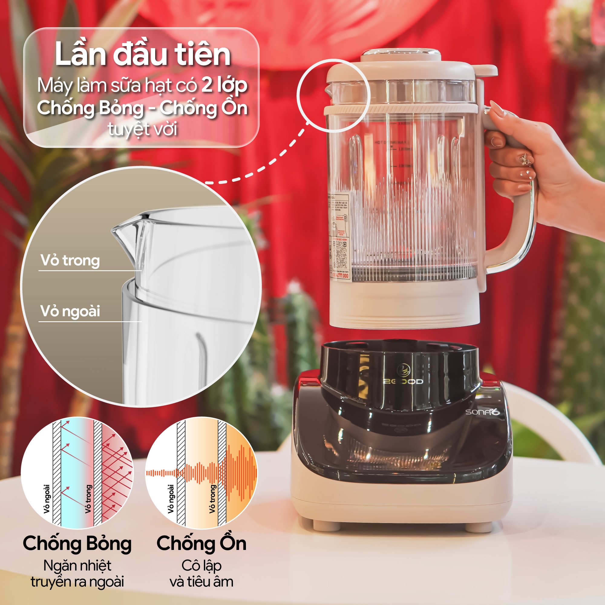 Máy Làm Sữa Hạt Cao Cấp Chống Ồn 2Good Sona 6 (Model 2024) Lưỡi Dao Tháo Rời - Cải Tiến 2Good Sona i8 - Hàng Chính Hãng