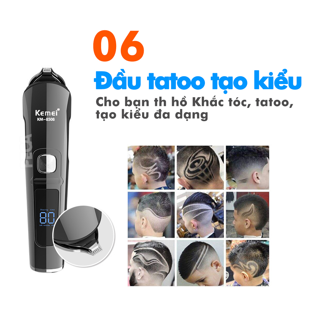 Tông đơ cắt tóc đa năng 11in1 Kemei KM-8508 nhiều đầu thay thế dùng cắt tóc, chấn viền, cạo râu, cạo lông, tỉa lông mũi, cạo chân mày,...có màn hình LED hiển thị điều chỉnh 2 mức tốc độ sạc nhanh 2h