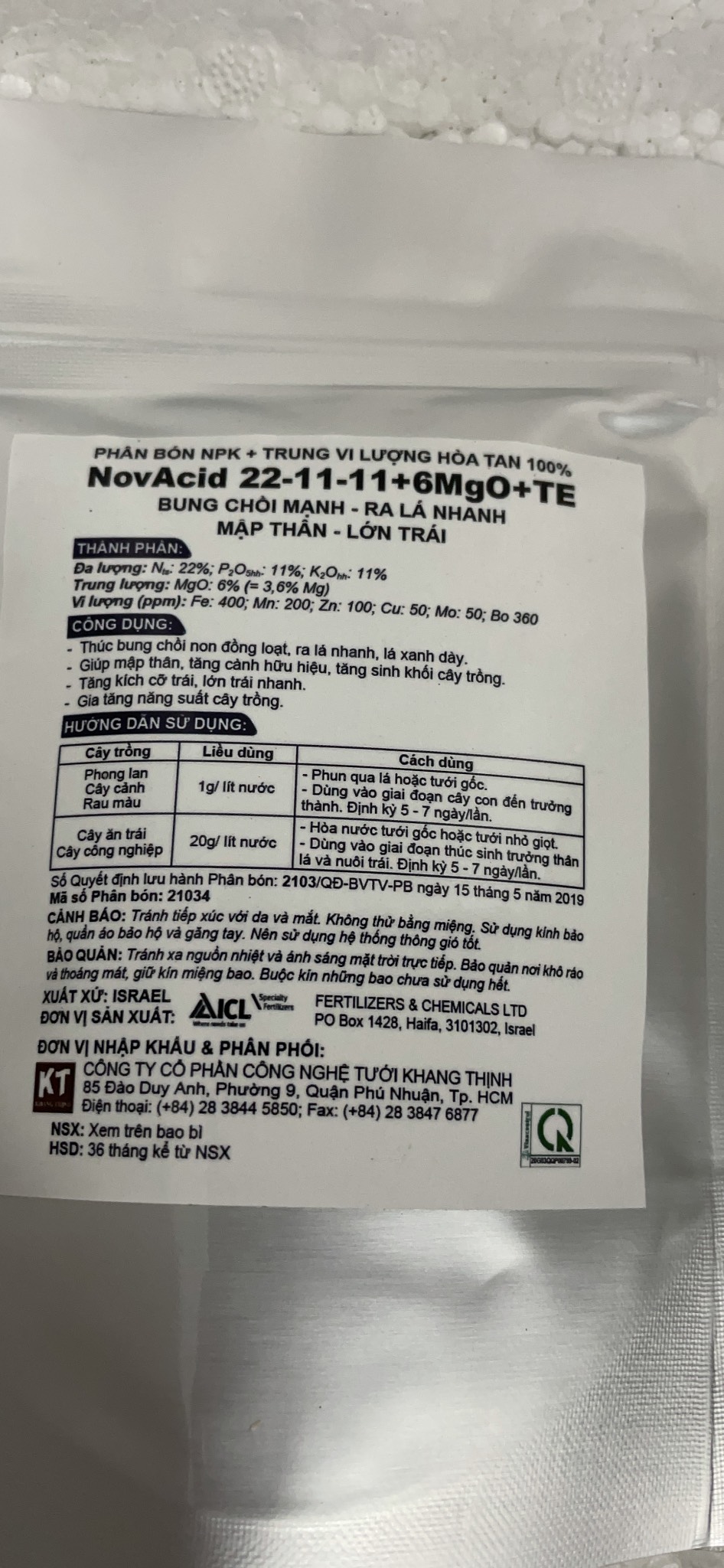 Phân bón lá gói 100gr Nhập Khẩu ISRAEL NOVACID 22-11-11+6Mgo ,19-19-19 + 3Cao+Te, 13-40-13+TE dùng thủy canh hoặc bón lá