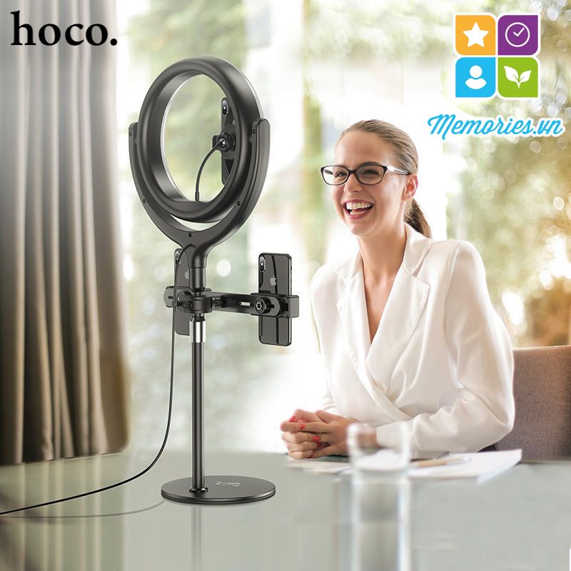 Bộ đèn tròn Livestream Hoco LV01 + kèm 3 kẹp điện thoại 4,7-6,5 inch, chân đế - Hàng chính hãng, chất lượng cao