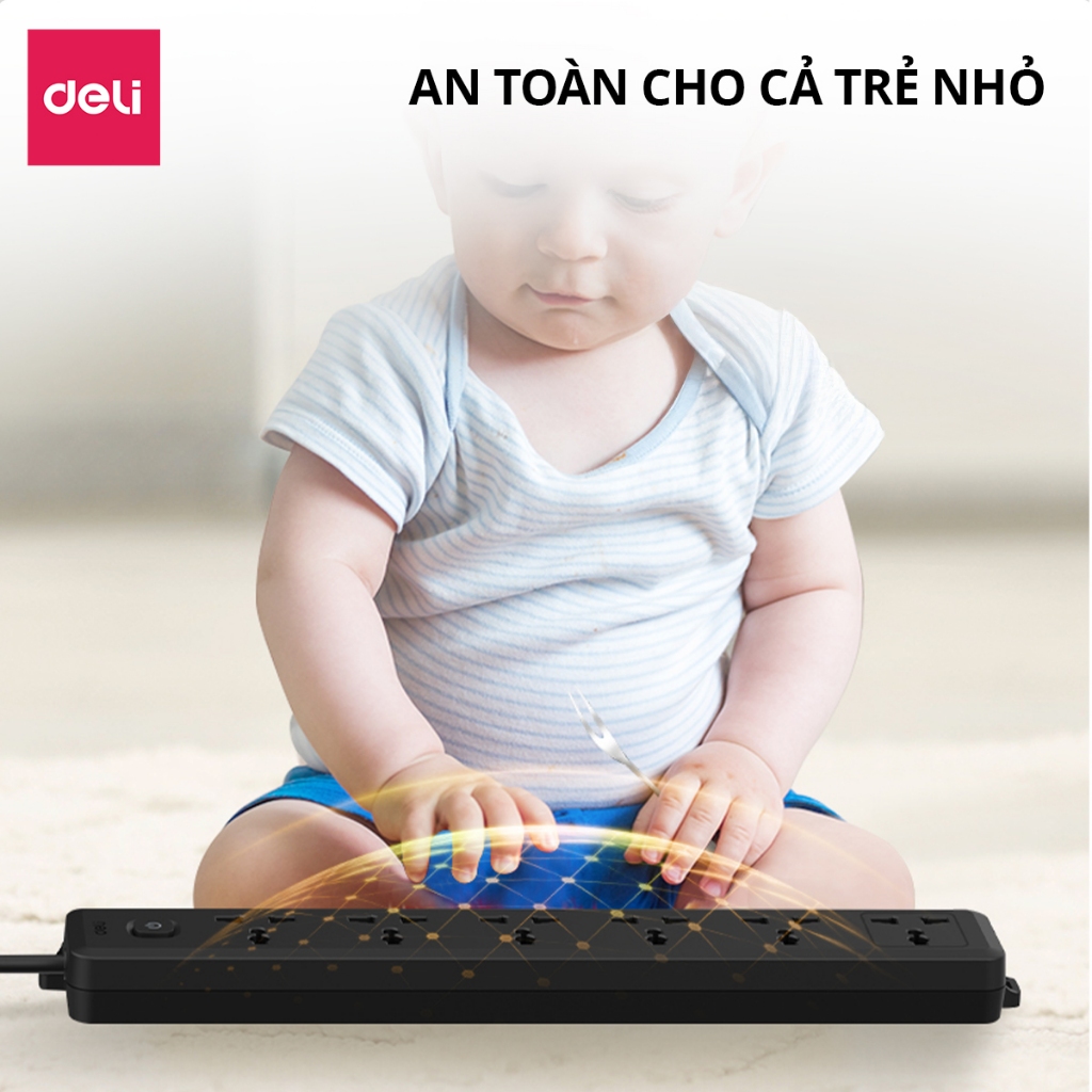 Ổ Cắm Điện Mẫu Mới 2025 Deli Ổ ĐIện Đa Năng Chống Cháy Nổ 2500W Cổng Sạc USB/ TypeC Thông Minh