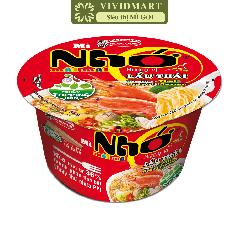 ACECOOK - Mì Nhớ Mãi Mãi hương vị Lẩu thái tôm, Tô Nhớ Mãi Mãi mì lẩu thái tôm, Mì Nhớ ăn liền (84g/tô)