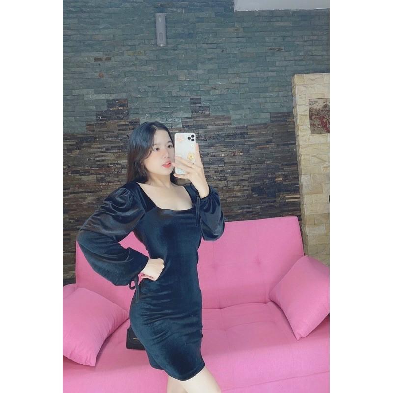 đầm nhung tay dài(hình thật)