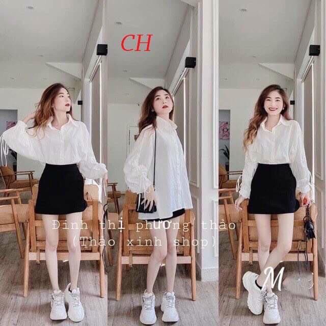 Áo sơ mi nữ tay dây rút xinh dáng tiểu thư