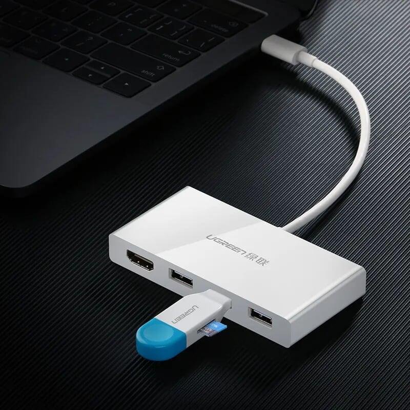 Ugreen UG40374MM132TK 15CM màu Trắng Bộ chuyển đổi TYPE C sang 3 USB 3.0 + HDMI bọc nhựa ABS - HÀNG CHÍNH HÃNG