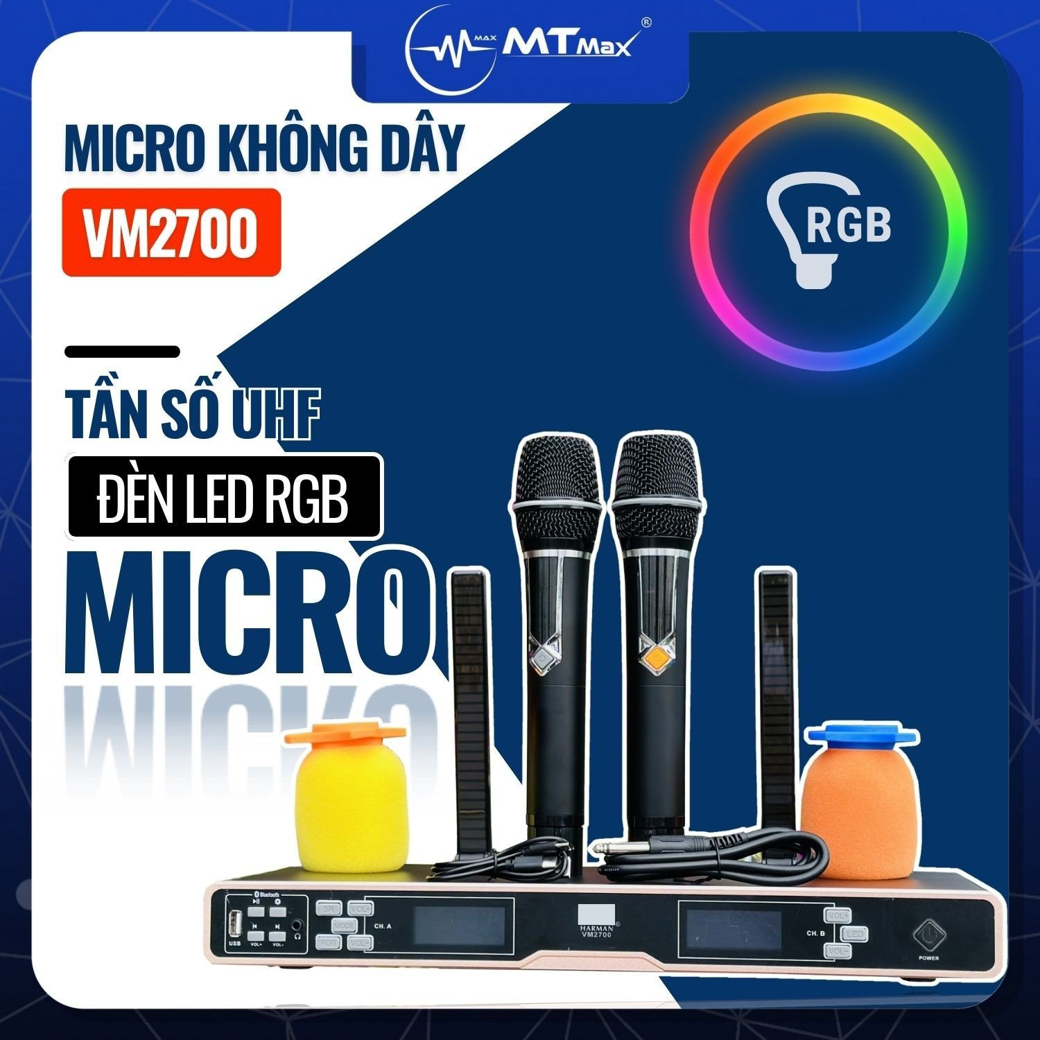 Micro Karaoke VM2700 UHF Siêu Độc Đáo Với Đèn LED RGB và Micro Hát Nhẹ, Hút Tiếng, Chống Hú Rít hàng chính hãng
