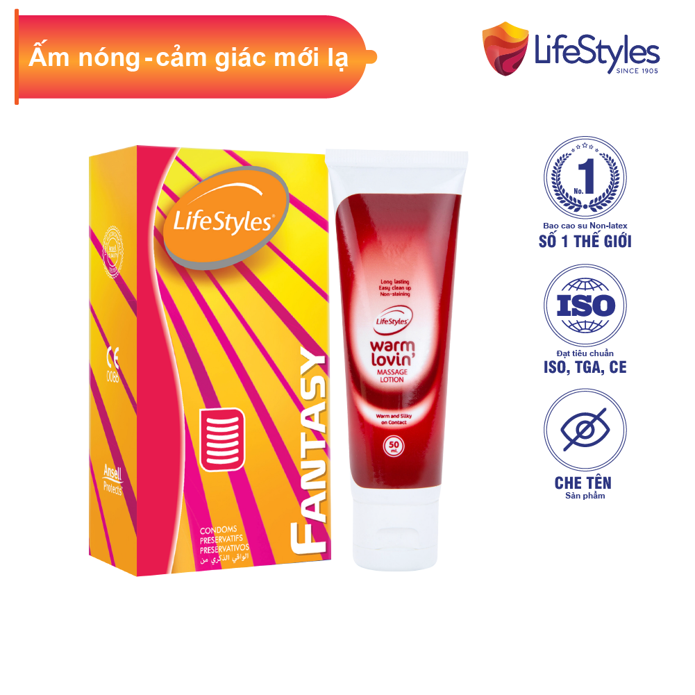 Combo Bao Cao Su LifeStyles Fantasy Có Gân Ngang Ôm Sát Cao Cấp Hộp 12 bao + Gel Bôi Trơn LifeStyles Warm Lovin' 50ml