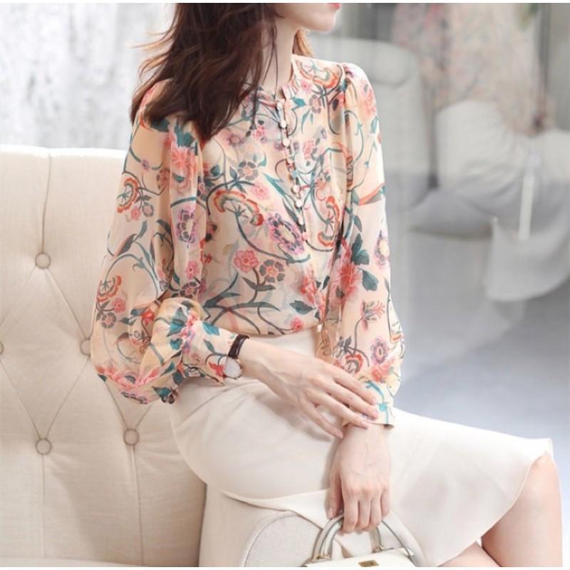 Áo Voan Lụa Nữ Tay Dài Hoạ Tiết Hoa Mùa Hè