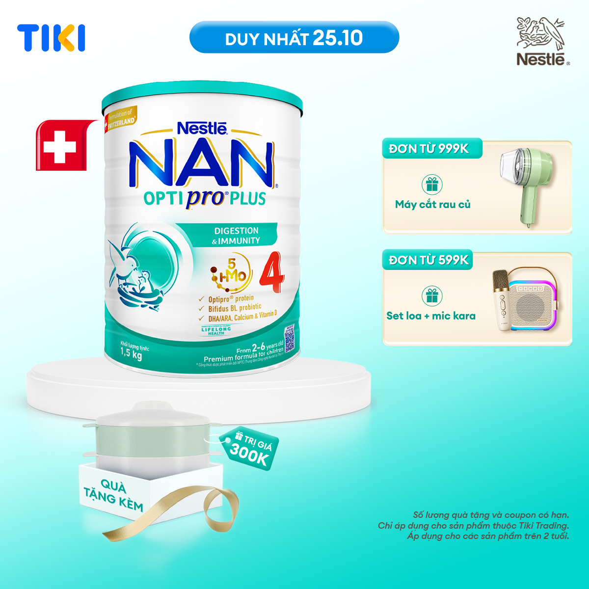 Sữa Bột Nestlé NAN OPTIPRO PLUS 4 1500glon với 5HMO Hỗ trợ Đề Kháng - Tiêu Hóa - Trí Não &amp; Chiều Cao Dành cho trẻ từ 2-6 tuổi - Tặng Bô xửng hấp 2 ngăn Inochi