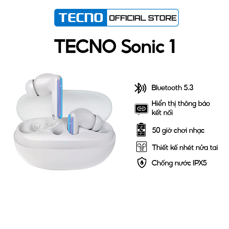 Tai nghe Tecno Sonic 1 | Bluetooth 5.3 | Chống nước IPX5 | 50 giờ chơi nhạc | - Hàng chính hãng