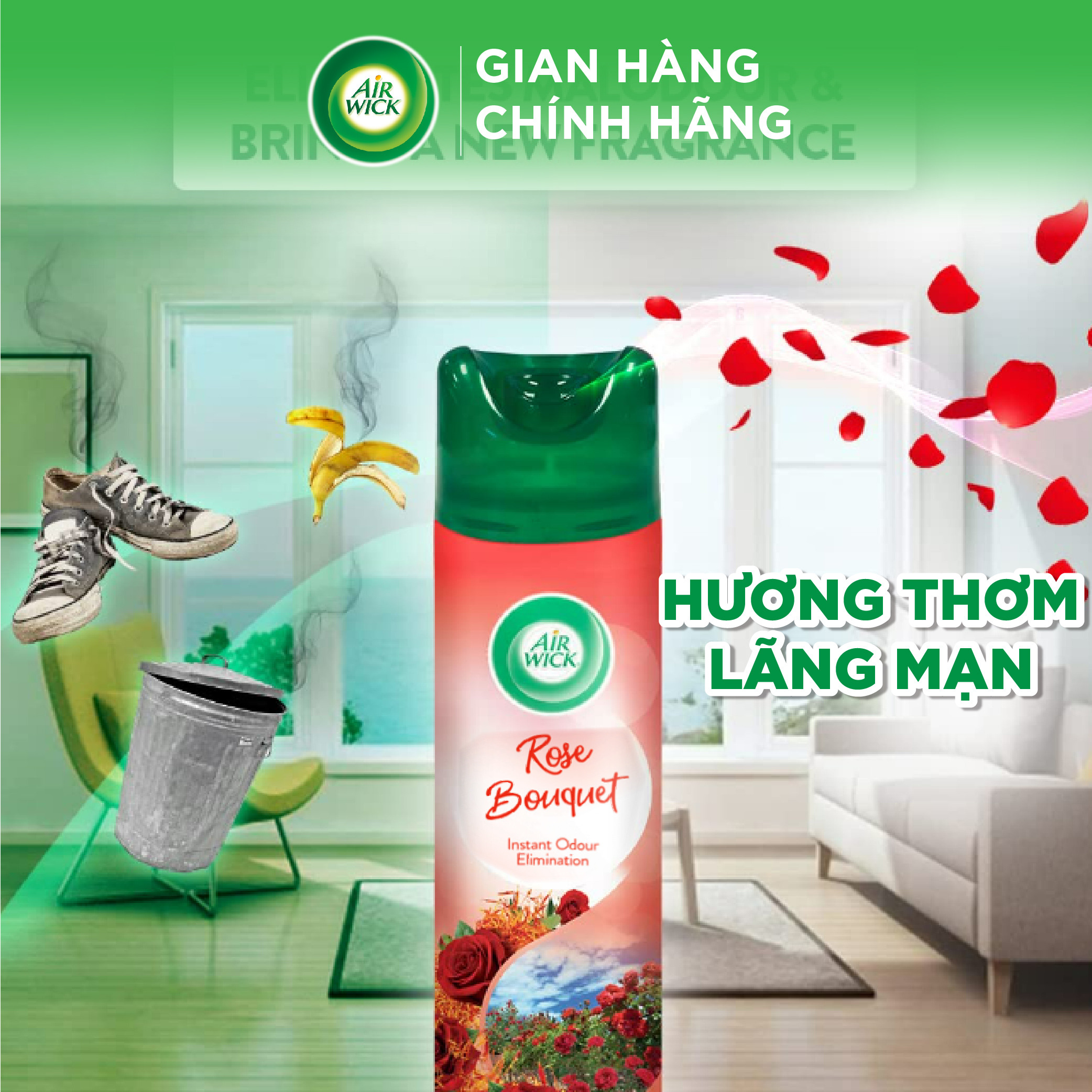 Chai xịt thơm phòng hương hoa hồng AIRWICK ngọt ngào, quyến rũ, vòi xịt thông minh giúp tỏa hương dễ dàng 300ml
