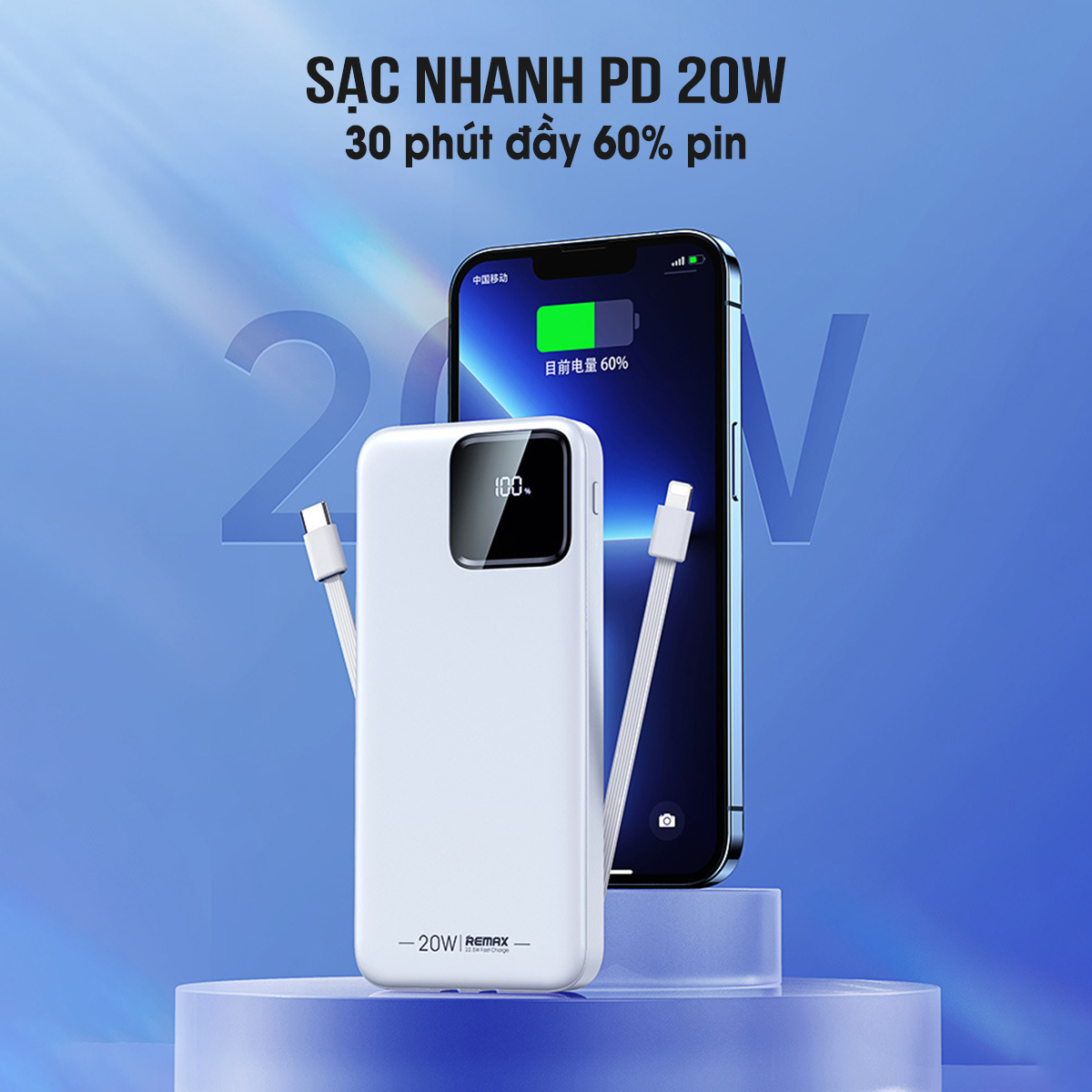 Pin dự phòng 10000mAh 22.5W Remax RPP-500 Tích hợp 2 cáp sạc nhanh Type C và Lighning Hàng Chính Hãng Remax Bảo Hành 1 Đổi 1 Trong 12 Tháng