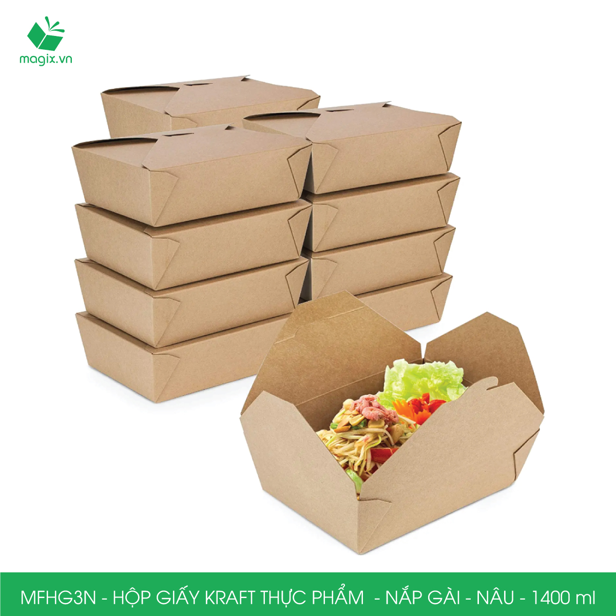 MFHG3N - 50 hộp giấy kraft thực phẩm 1400ml, hộp giấy nắp gập màu nâu đựng thức ăn, hộp giấy nắp gài gói đồ ăn mang đi
