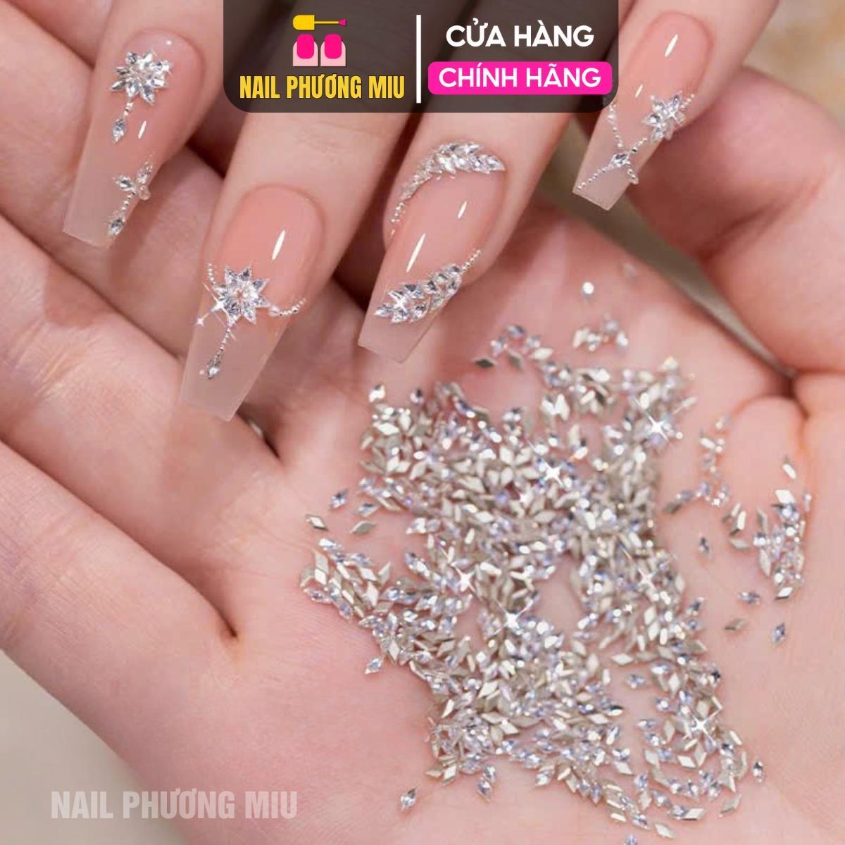 Đá Khối Diamond Chân Bằng Hình Thoi Gắn Móng Siêu Sáng, Set 100 Viên Charm Làm Nail Size Mini Màu Trắng Thủy Tinh Lấp Lánh