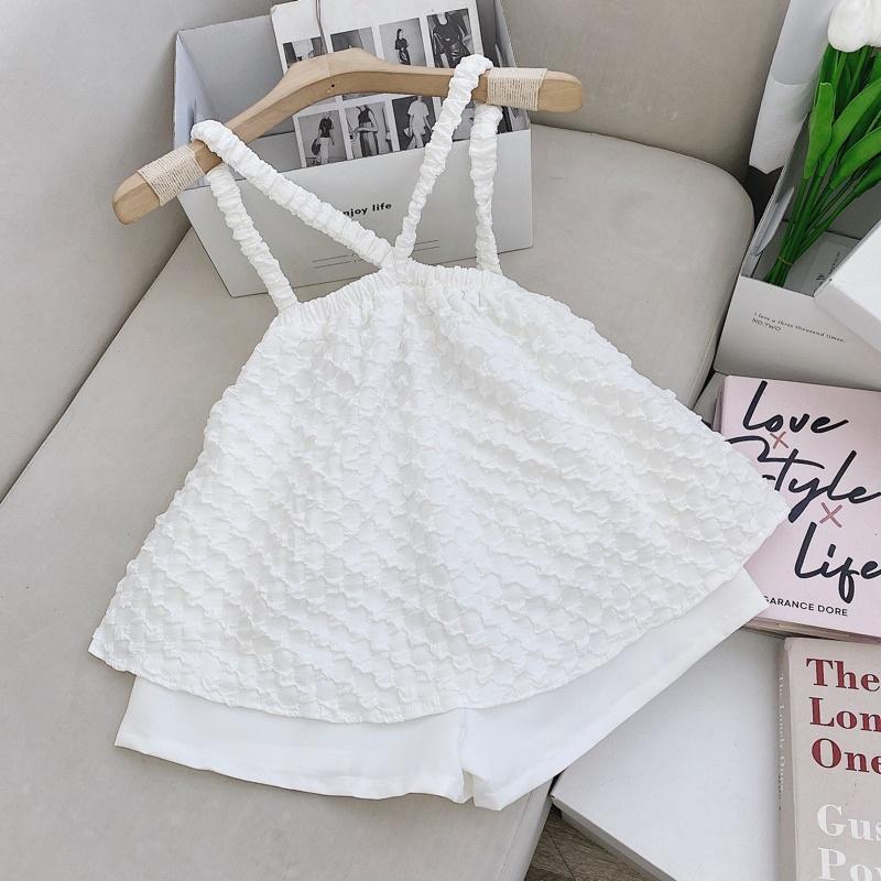 Set áo 2 dây dáng xoè chất xốp nổi phối quần short 3 màu - Trắng