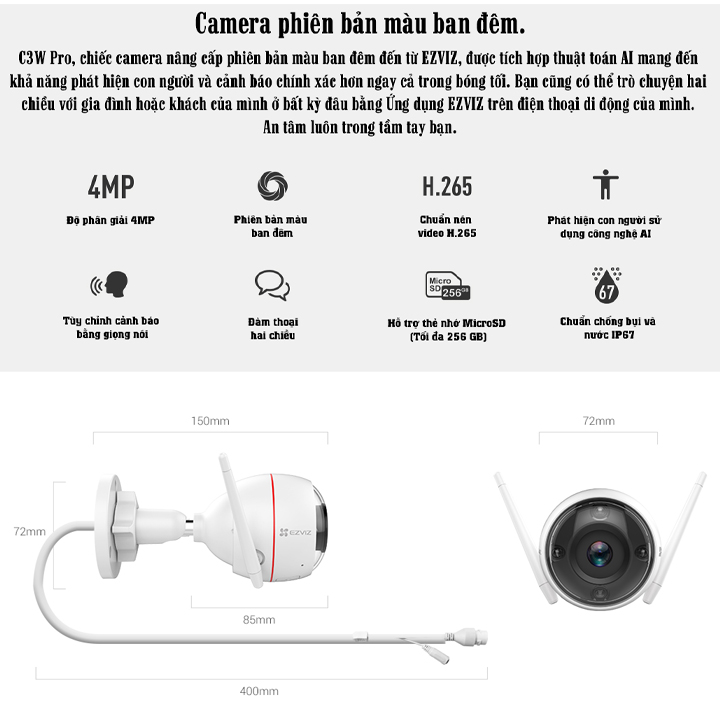 Camera Wifi Ezviz C3W Pro 4MPx Ngoài Trời  Bản Mắt Kép Có Màu Ban Đêm , Đàm Thoại 2 Chiều - Hàng Chính Hãng