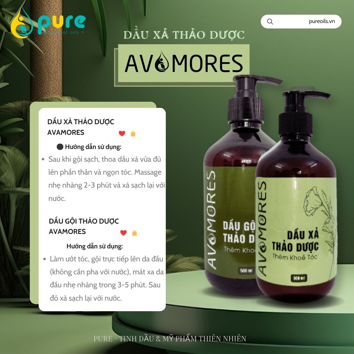 AVAMORES Dầu Gội Thảo Dược, Dầu Xả Thảo Dược - Giúp Tóc Sạch Gàu, Mượt, Chống rụng, thuần chay kích mọc tóc, sau 4 lần gội.