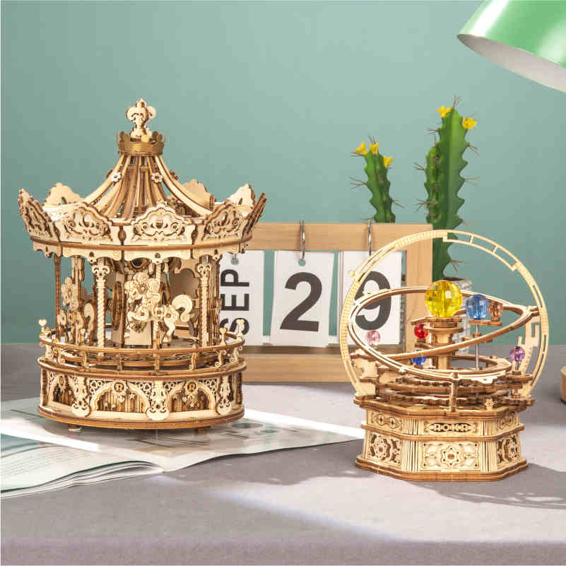 Đồ chơi lắp ráp gỗ 3D Mô hình Hộp nhạc Starry Night AMK51 Orrery Mechanical Music Box