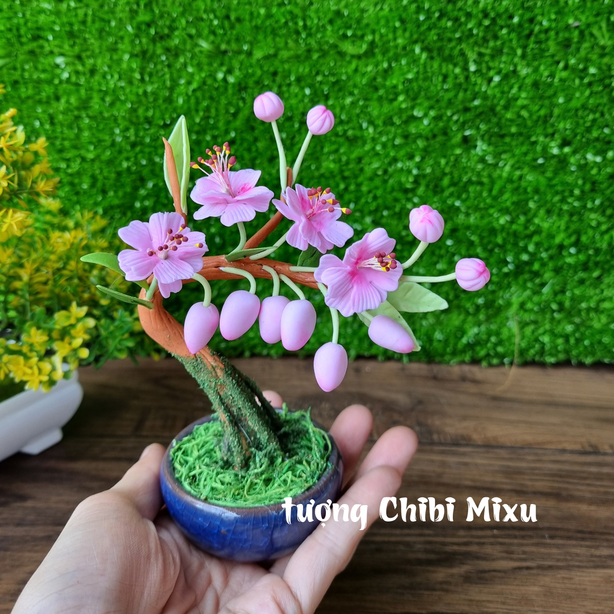 Chậu hoa Đào 10 cánh dáng nghiêng bằng đất sét Nhật