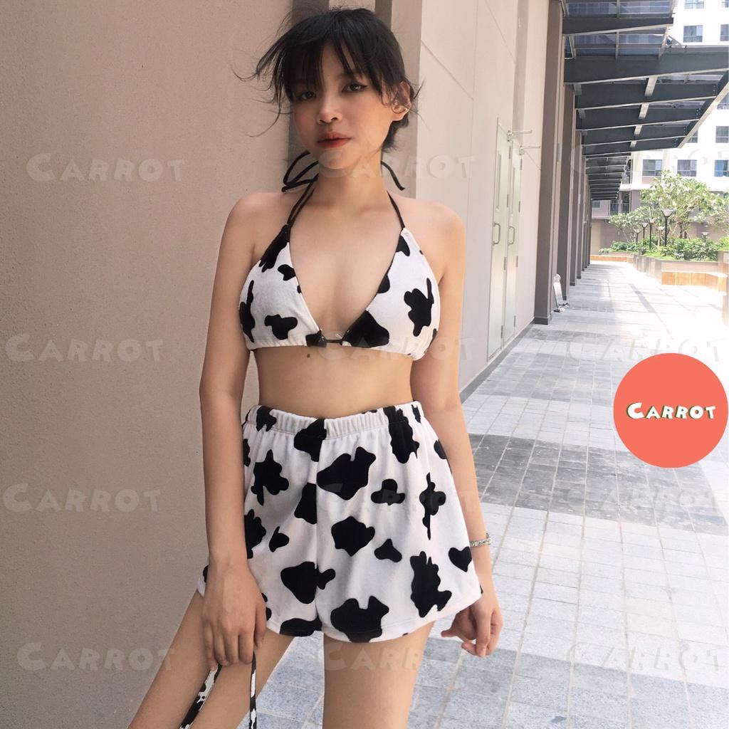 Quần đùi nhung bò sữa áo ngực bra đốm bò sữa cột cổ chất nhung cao cấp freesize carrotxinhdep cá tính năng động dễ thươn