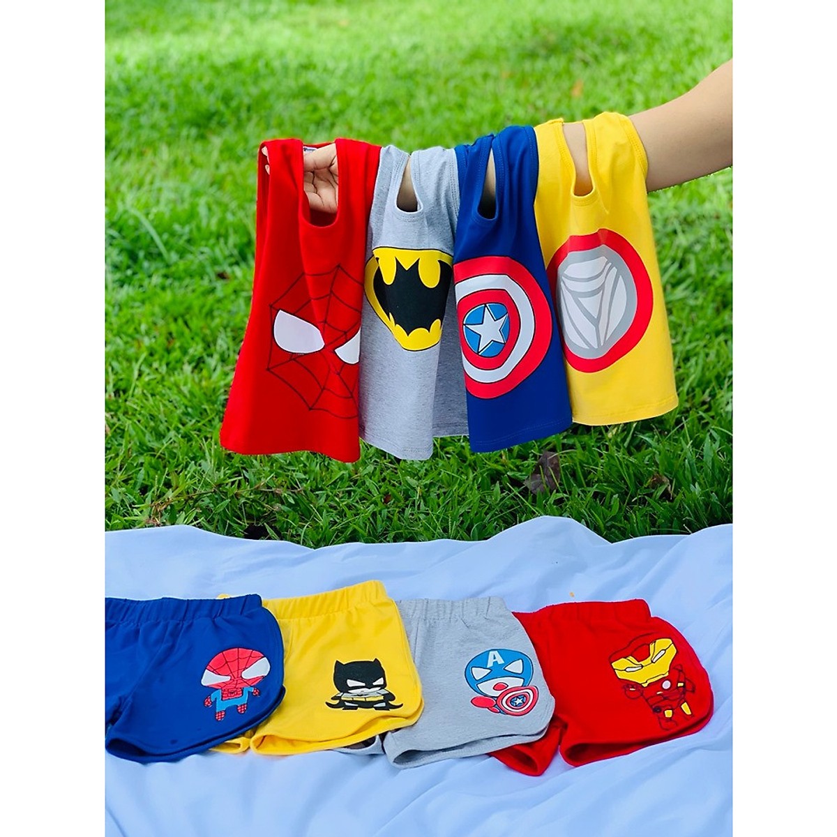 Bộ quần áo bé trai siêu nhân, Captain America cho bé từ 8kg đến 35kg, vải cotton 100% 4 chiều, thấm hút mồ hôi, áo sát nách, hình in đẹp không bị phai màu khi giặt