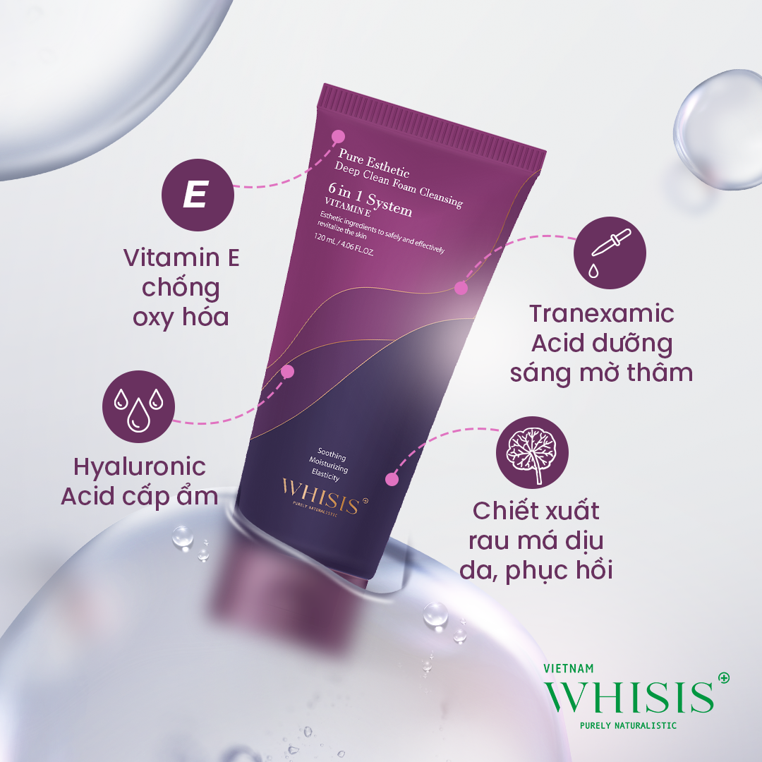 Sữa Rửa Mặt Vitamin E WHISIS Pure Esthetic Deep Clean Foam Cleansing Sạch Sâu, Da Trắng Sáng 120ml