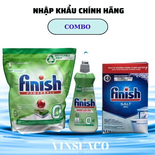 Combo Viên rửa bát Finish Eco 0%70 viên + Bóng Finish Eco 400ml + Muối Finish 1,5kg