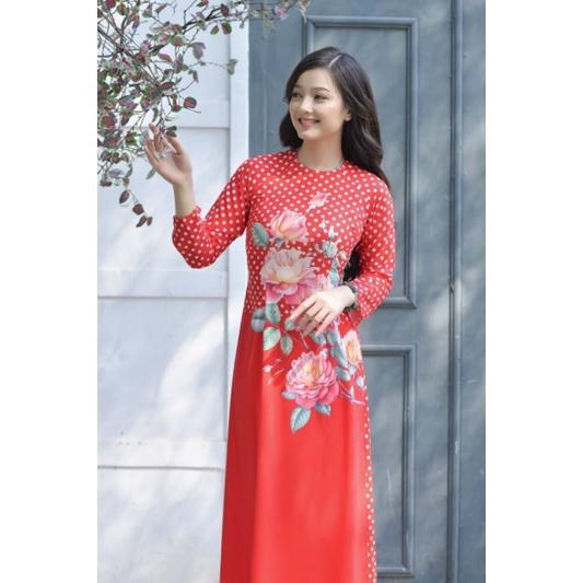 SET ÁO DÀI LỤA HỌA TIẾT HOA CHẤM BI