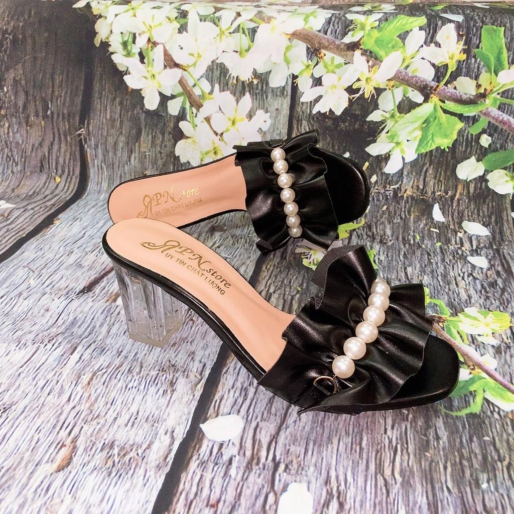 Guốc/dép cao gót trong 7p quai dún bèo kết châu tròn