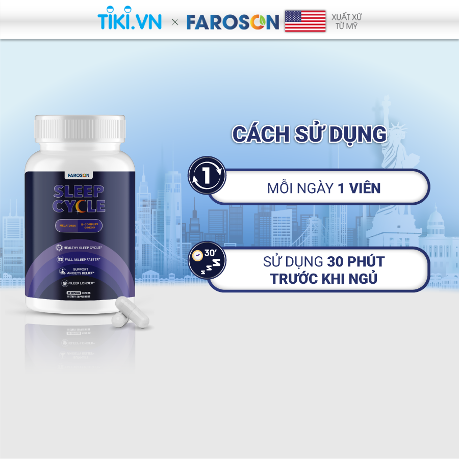 Viên uống bổ não Melatonin Vitamin B ngủ ngon giảm stress Faroson Sleep Cycle hộp 60 viên