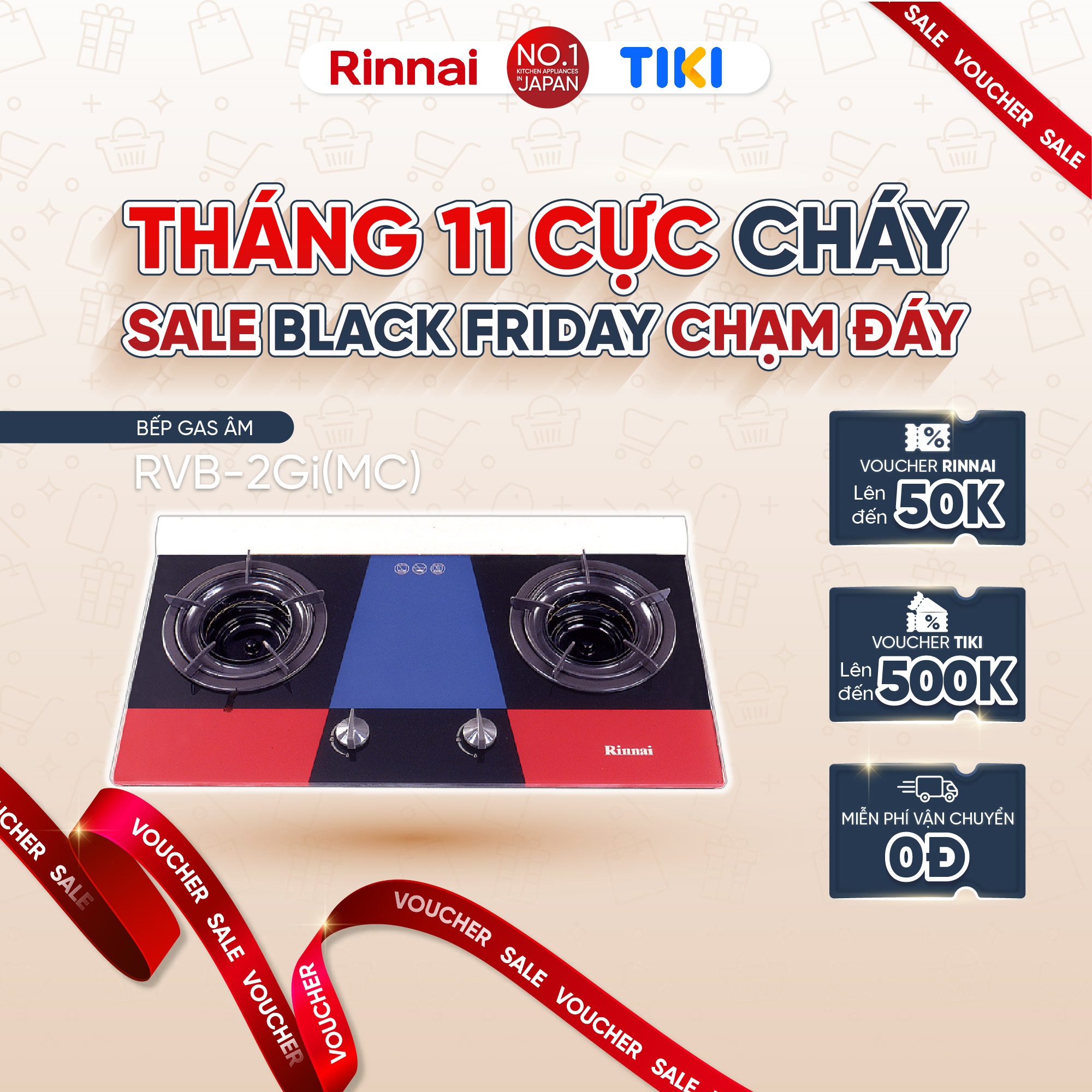 Bếp gas âm đầu đốt trong Rinnai RVB-2Gi(MC) mặt bếp kính và kiềng bếp men - Hàng chính hãng