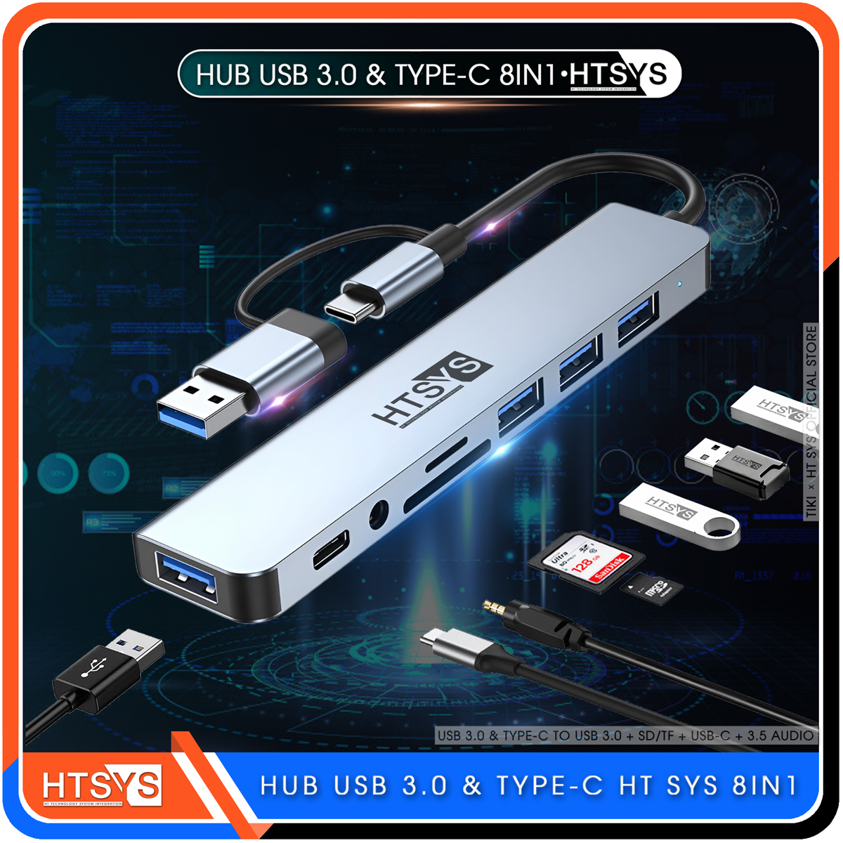 Hub Type C Và Hub USB HT SYS 8 in 1 To USB 3.0, SD, TF, USB C, Audio 3.5 - Hàng Chính Hãng