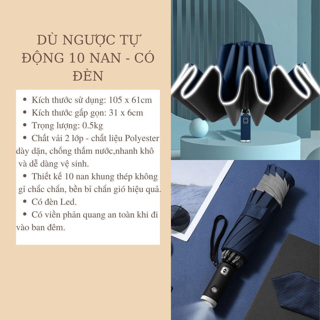 [HCM] Ô Dù Gấp Ngược Tự Động Đóng Mở 2 Chiều - Loại 10 Nan Phản Quang Che Mưa Nắng Chống Tia UV - Có Đèn Pin