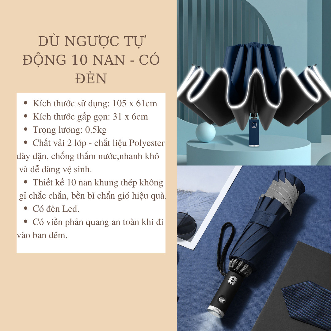 [HCM] Ô Dù Gấp Ngược Tự Động Đóng Mở 2 Chiều - Loại 10 Nan Phản Quang Che Mưa Nắng Chống Tia UV - Có Đèn Pin