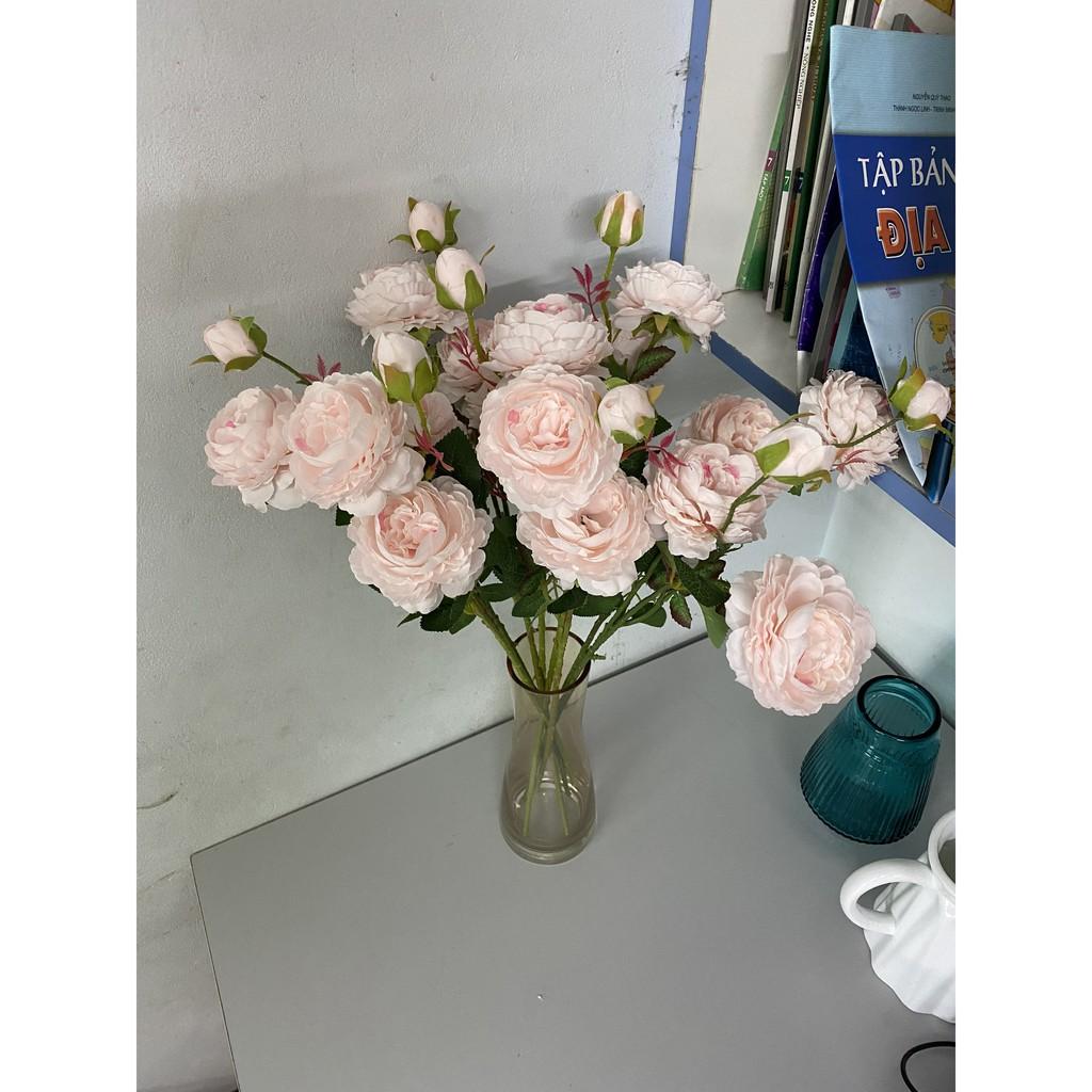 -Hoa hồng mẫu đơn lụa cao cấp cành lớn 2 bông 1 nụ dài 61cm trang trí nội thất, nhà cửa decor